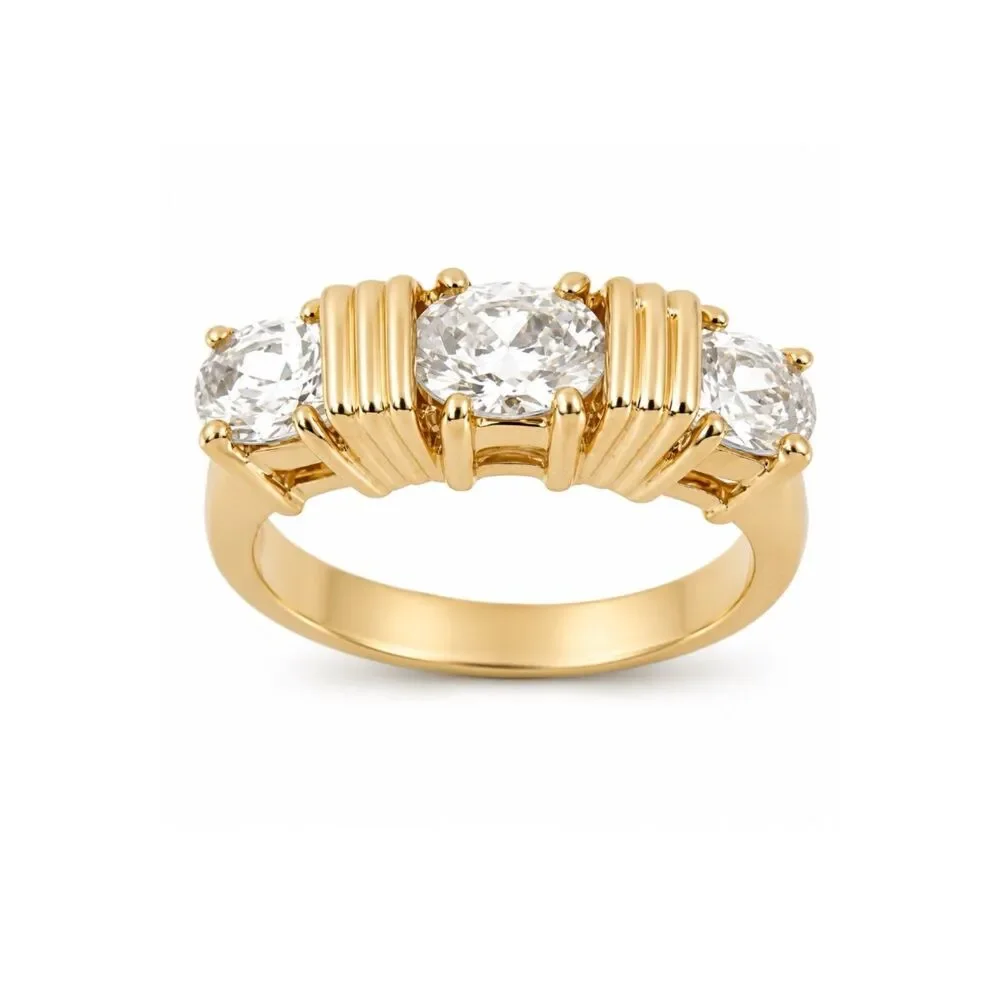 Vintage 1980s Ring Size 5 CZ Three Stone Textured Gold Plated Band - 14S